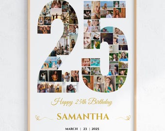 25th Birthday Photo Collage Template Editable in Canva, Number 25 Picture Poster, Digital Download