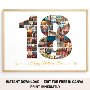 18th Birthday Photo Collage, Editable Canva Template, Personalized Gift for 18th Birthday, Customizable Party Decor, Number 18 Collage