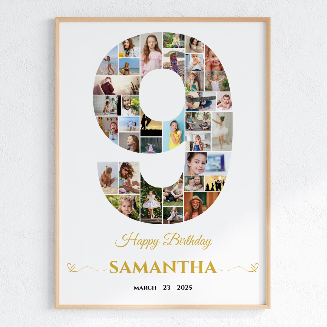 9th Birthday Photo Collage Template: Editable Number Nine Sign (digital ...