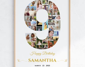 9th Birthday Photo Collage Template: Editable Number Nine Sign (Digital Download)