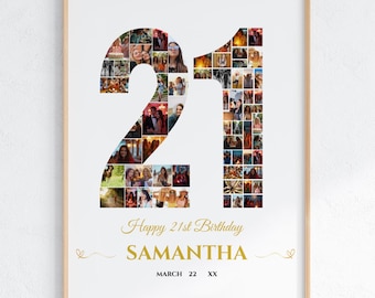 21st Birthday Photo Collage Template, Number 21 Poster, Custom Canva Birthday Gift for Her