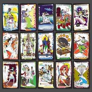May include: A set of 22 tarot cards with colourful illustrations and text in English and Hindi. The cards feature a variety of characters and symbols, including a woman with a sword, a man with a cup, and a figure with a staff. The cards are arranged in a grid of four rows and six columns.