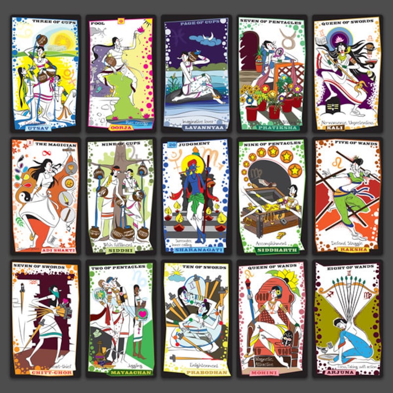 May include: A set of 22 tarot cards with colourful illustrations and text in English and Hindi. The cards feature a variety of characters and symbols, including a woman with a sword, a man with a cup, and a figure with a staff. The cards are arranged in a grid of four rows and six columns.