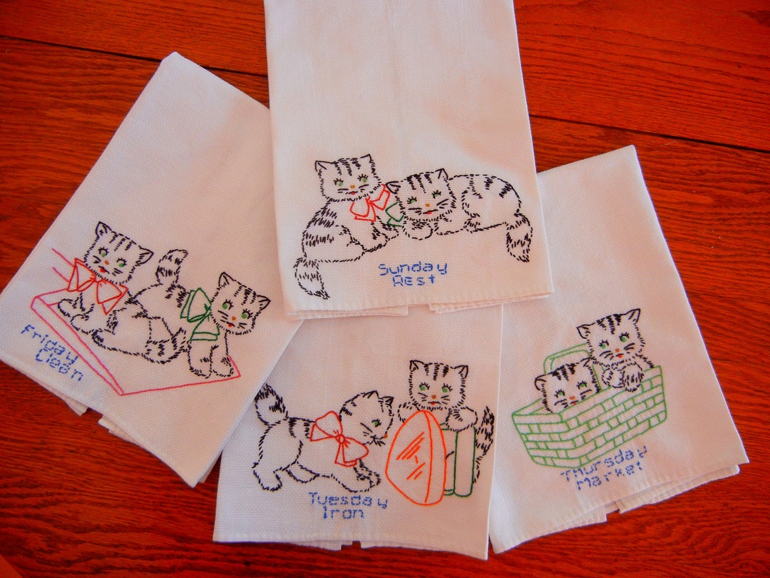 Four Vintage Hand Embroidered Kitchen Towelskittens With Tasks for