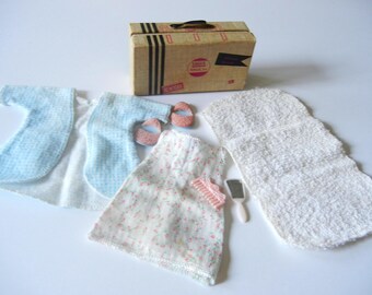 Vintage 1950s Vogue Ginny Travel Suitcase & Nightgown, Robe (Medford tag), Slippers, Towel, Mirror and Comb