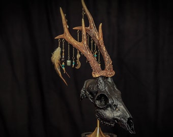 Voodoo/tribal deer skull with natural antlers and feathers, beads, trinkets, for alternative gothic home decor