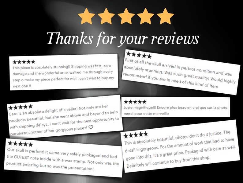 May include: Image displaying customer reviews, each topped with five gold stars. The words "Thanks for your reviews" are written in a decorative font. The reviews highlight product quality, shipping speed, and the seller's helpfulness.