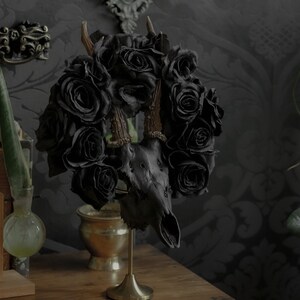 Black matte deer skull with natural antlers and black flower crown for dark or gothic gift for home decor