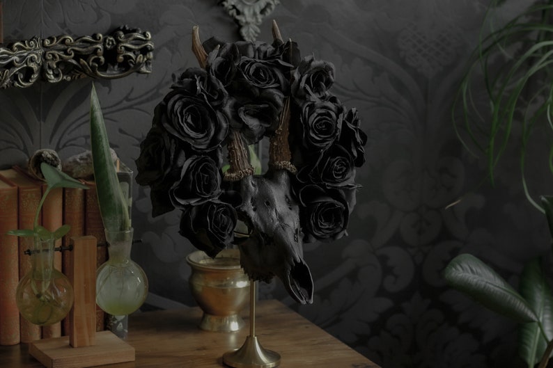 Black matte deer skull with natural antlers and black flower crown for dark or gothic gift for home decor