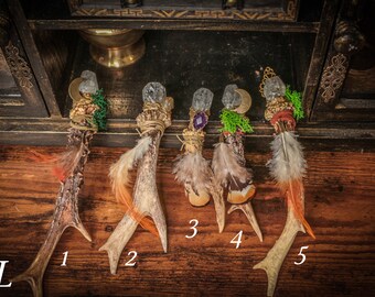 PICK YOUR OWN antler wand, fully handcrafted, made from real horn with charged crystal, feathers, moss, perfect witchcraft tool or decor