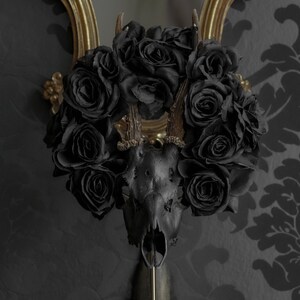 Black matte deer skull with natural antlers and black flower crown for dark or gothic gift for home decor