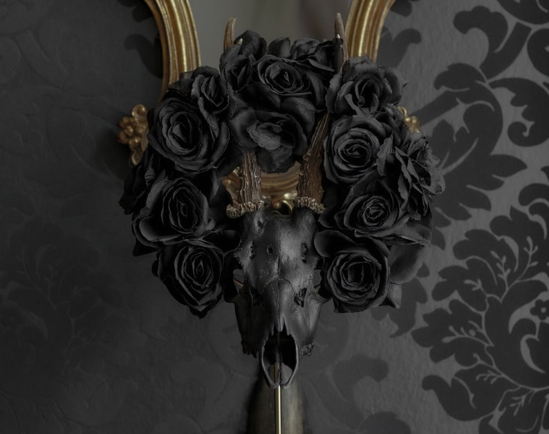 Black matte deer skull with natural antlers and black flower crown for dark or gothic gift for home decor