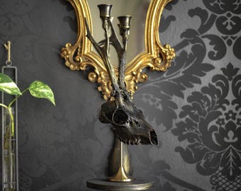 Bougeoir gothique fabriqué à partir d'un véritable crâne d'animal, noir et or, pour un cadeau gothique ou d'autres lumières décoratives pour la maison, cadeau unique