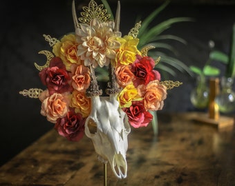 UNIQUE and handcrafted REAL skull decorated with a beautiful sunny floral crown and gold halo crown for moody maximalist home decor, gift