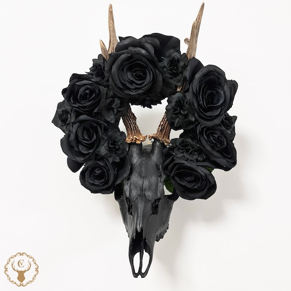 Black matte deer skull with natural antlers and black flower crown for dark or gothic gift for home decor
