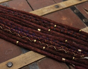 10 + 1 dreadlocks auburn fabriquées à la main, marron, décorées de tours et de perles, aspect naturel, 40 cm, demi-tête, jeu partiel