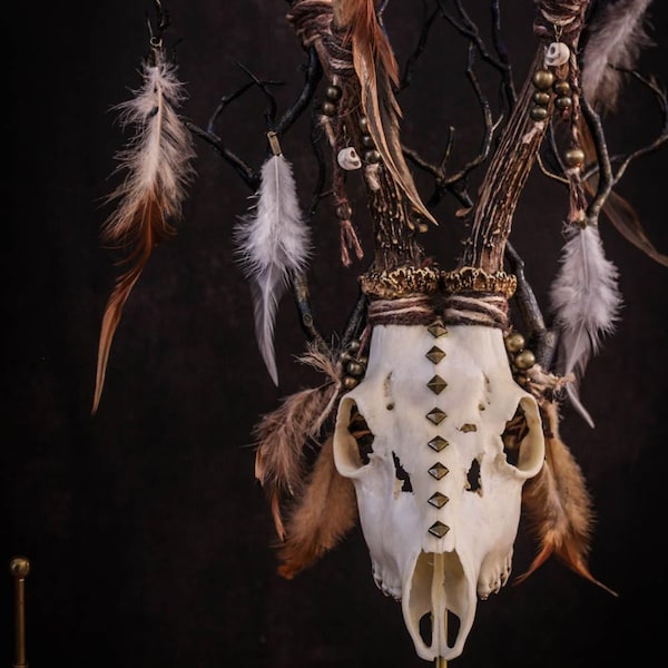 Tribal european roe deer skull with natural antlers, feathers, beads, and bones for alternative gothic home decor, voodoo, primitive art