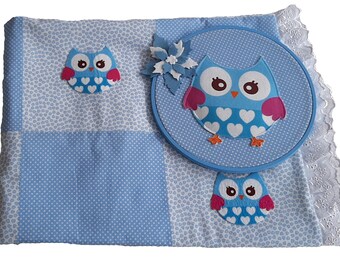 Blue baby fabric blanket and baby wall art owl design