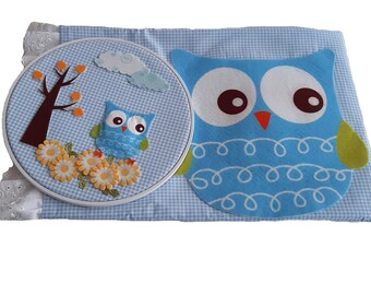 Blue baby fabric blanket and baby wall art owl design