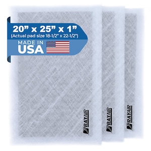 May include: Three white air filter pads, each with the brand name "RAYAIR" printed in black. The pads are labeled with dimensions of 20" x 25" x 1" and "Made in USA" with an American flag.