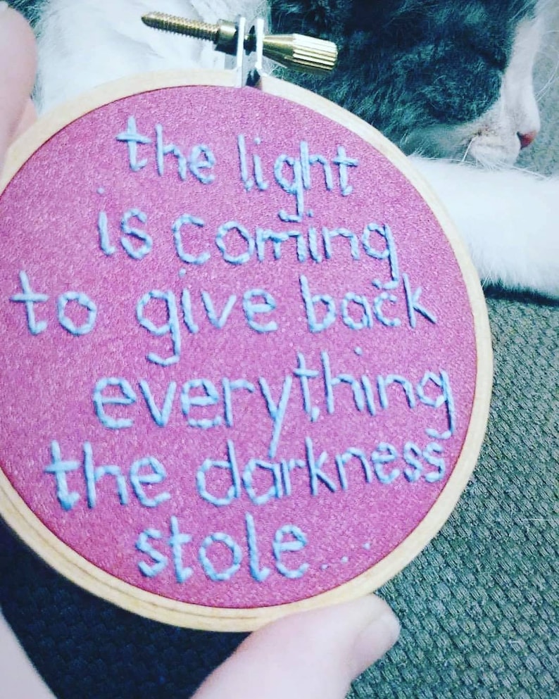 The light is coming 3 inch hoop hand embroidered