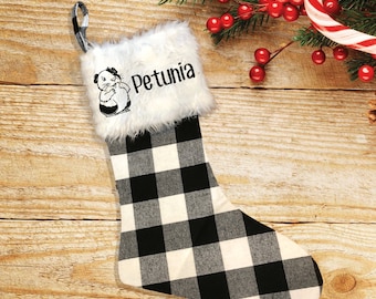 Custom Black and White Buffalo Plaid Guinea Pig Christmas Stockings.  Animal Stocking.  Large 18" Pet Stocking
