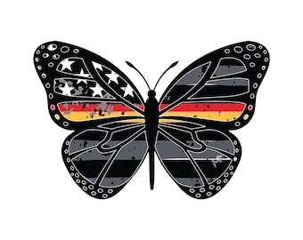 Calcomanía de vinilo con diseño de mariposa de bomberos, línea fina roja y dorada. Calcomanía de bombero. Calcomanía de despachador del 911.