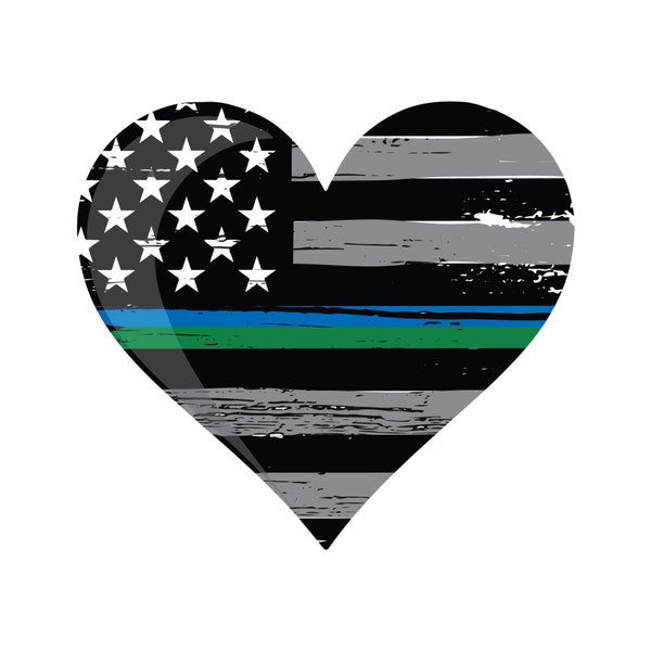 Thin Blue Green Line Police and Military Heart Vehicle Decal. Police decal. Military Sticker. Border Patrol Decal.