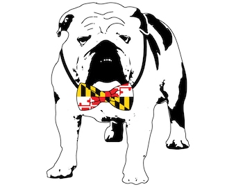 Maryland Flag English Bulldog with Bow Tie Vehicle Decal.  English Bulldog Sticker. Perfect for Laptops, Tumblers and Coolers too!!