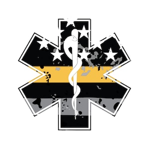 Puede incluir: Una estrella de la vida negra y blanca con una franja amarilla y gris en el centro. La estrella de la vida tiene una serpiente blanca envuelta alrededor de una varilla en el centro.