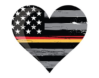 Calcomanía para auto con forma de corazón, delgada, roja y dorada, con la bandera estadounidense de bomberos. Calcomanía de vinilo. Calcomanía de bombero. Calcomanía de despachador del 911.