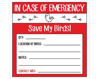 In Case Of Emergency Bird Sticker.  Fire Emergency Sticker For Pets.  Bird Decal.  16 Colors Available!