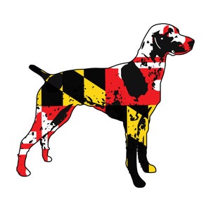 May include: A graphic illustration of a dog in profile, filled with the Maryland state flag design. The dog's body features the flag's black, yellow, red, and white elements, creating a unique and patriotic image.