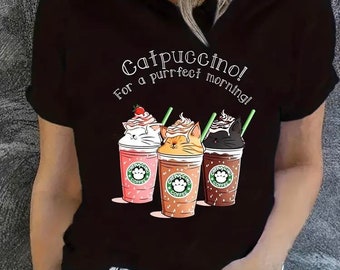 catpuccino Print Crew Neck T-shirt, Casual Short Sleeve Summer Top, Women