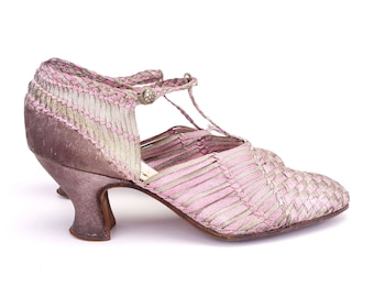 1920s Pink & Silver Metal Thread Woven Sandals UK 4.5