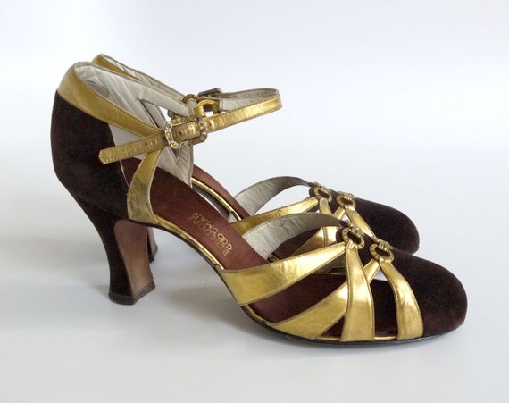 1930s Bergdorf Goodman Brown Velvet Gold Kid Sanda