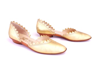 1950s Repro Ferragamo Gold Flat D'Orsay Pumps UK 5