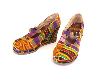 1970s Ethnic Stripe Wedge Shoes UK 3.5