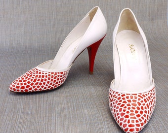 Rayne Red & White 1980s Lace Cut Stilettos UK 6.5