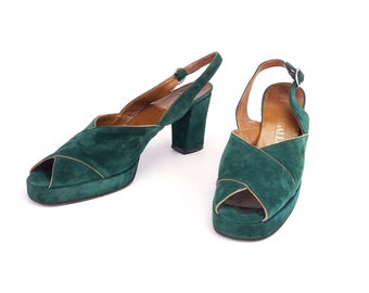 1970s Forest Green Suede Platform Sandals By I Miller UK 6