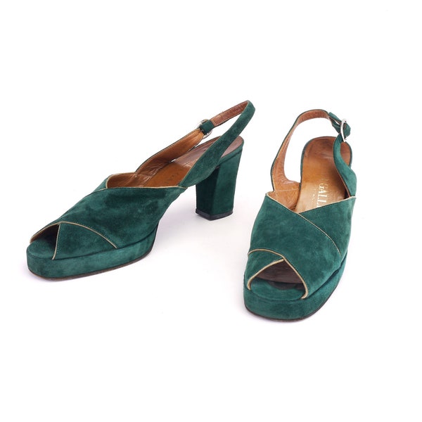 1970s Forest Green Suede Platform Sandals By I Miller UK 6