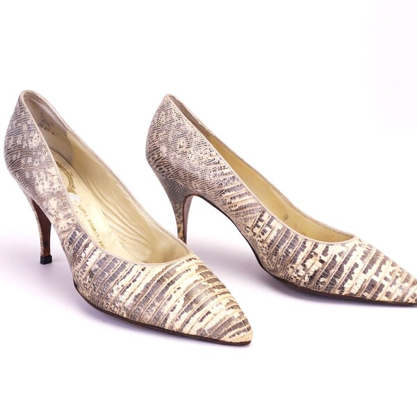 Delman 1960s Pale Lizard Skin Pumps UK 4.5