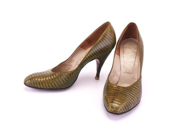 1950s Green Lizard Stiletto Heel Pumps UK 4