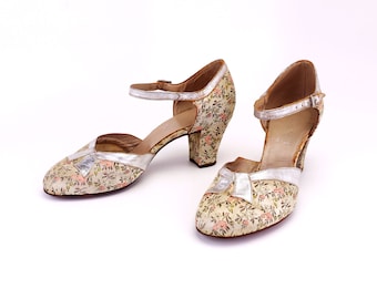 1930s Floral Brocade & Silver Evening Sandals UK 4.5