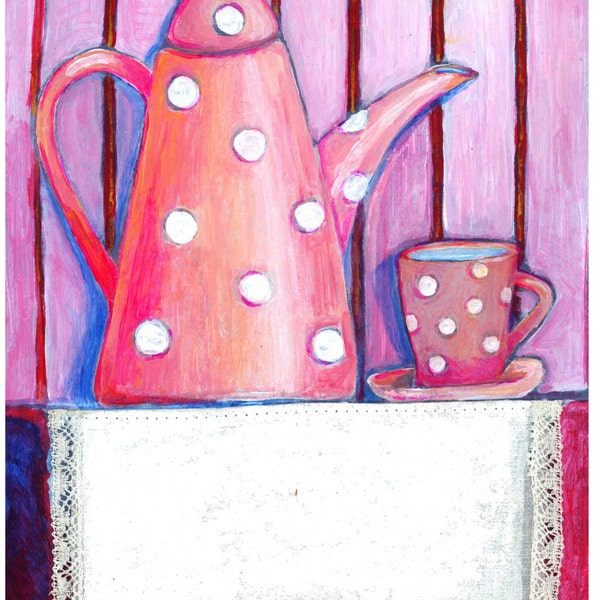 You are My Cup of Tea (Pink Tea Set) - original #mixed media #collage art #laced painting #teaset #pink and white #polka dot