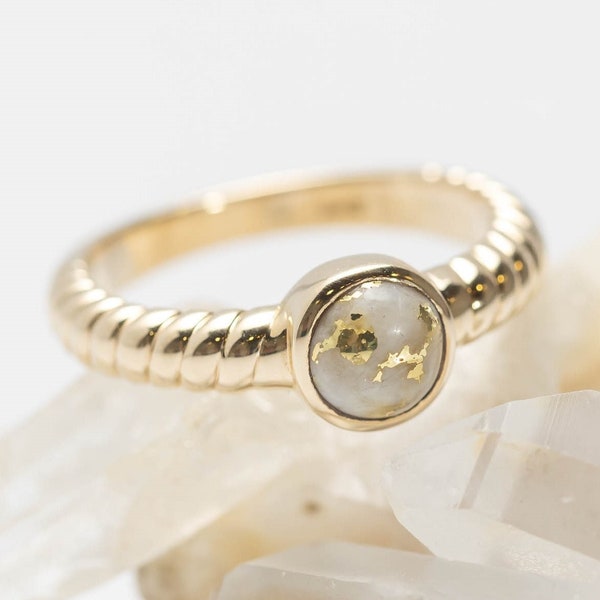 Gold Quartz Ring, 14k gold ring, round quartz, gold veins, round gold quartz
