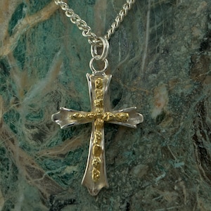Nugget Cross, Gold Nugget Cross, Nugget Cross Pendant, Nugget Style Cross, Silver Nugget Cross, Handmade Pendant, Channel Inlay Cross