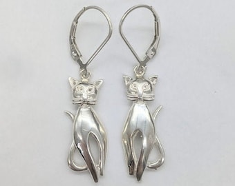 Sterling Silver Cat Dangle Earrings, Cat Lover Gift