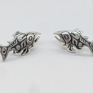 Salmon Earrings, Fish Earrings, Salmon Studs, Salmon Stud Earrings, Salmon Jewelry, Salmon, Gold Salmon, Native Earrings