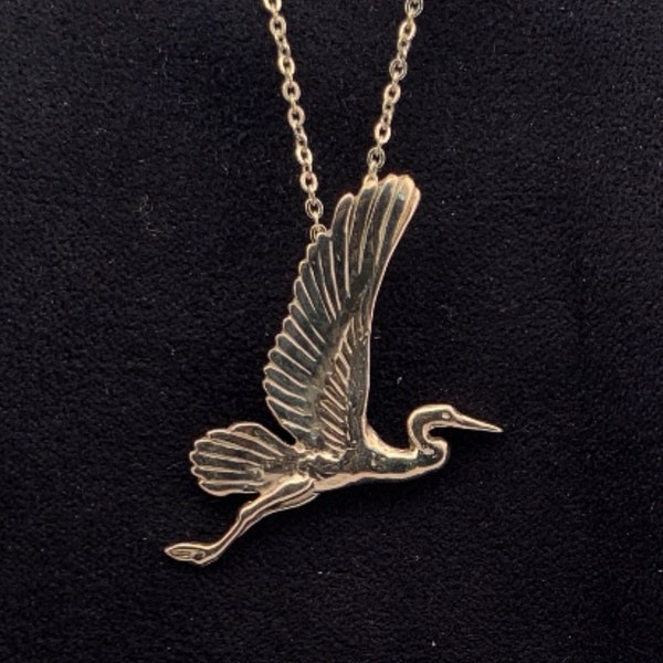 PNW Heron in Flight Pendant, Blue Heron, Heron Pendant, Gold Heron, Silver Heron, Handmade in USA